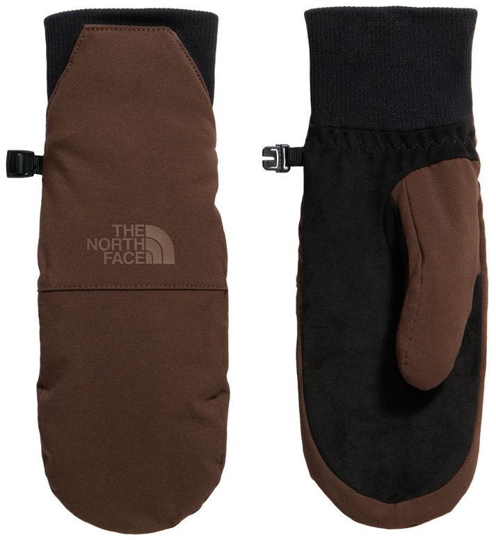 A pair of brown and black insulated winter mittens shown from both the back and the palm side, featuring a ribbed black cuff and a small black attachment buckle on the side.