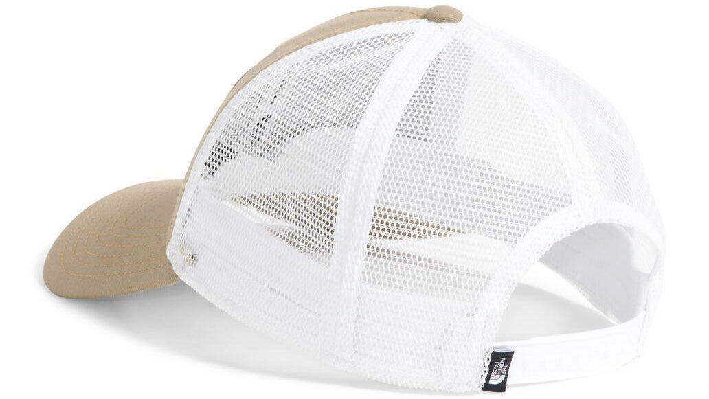 Beige and white trucker cap with white mesh back.