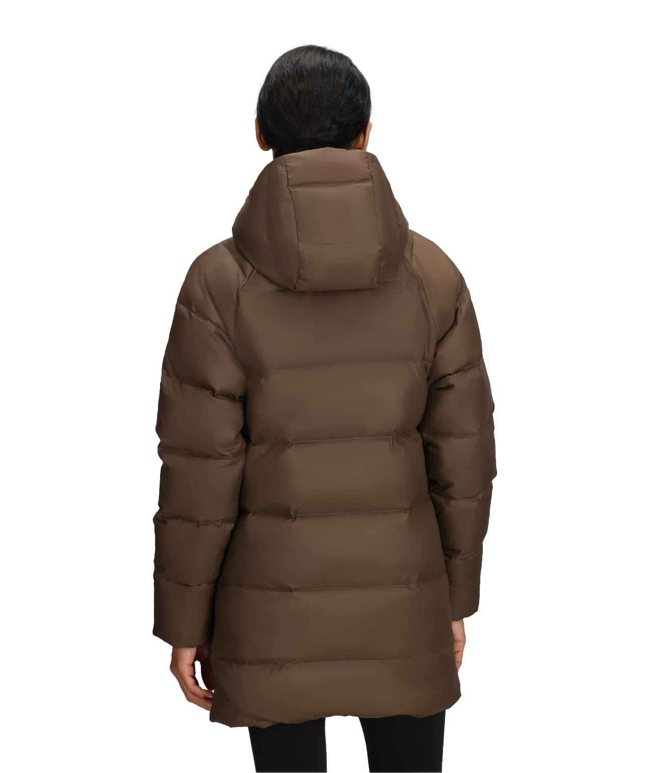 Back view of a brown puffer jacket with an attached hood on a person.