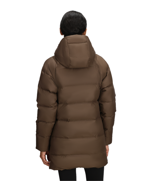 Back view of a brown puffer jacket with an attached hood on a person.