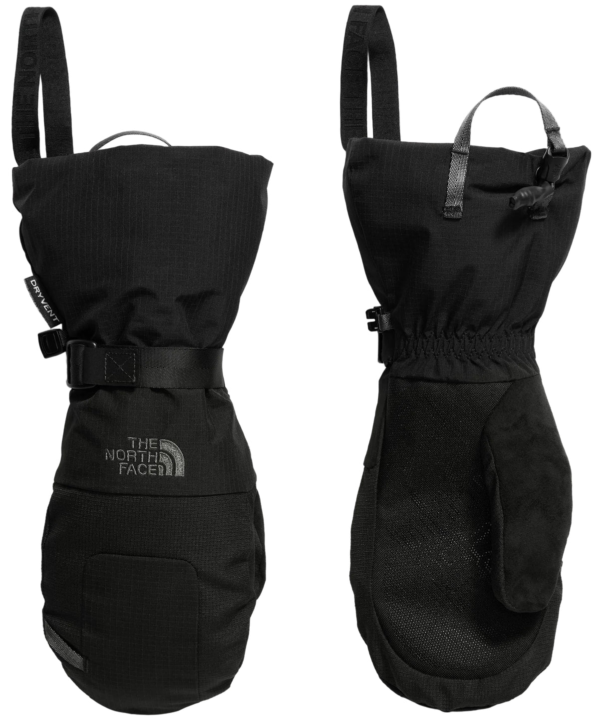 A pair of black, insulated winter mittens shown from both the back and palm sides, featuring adjustable wrist straps, extended cuffs with pull tabs, and visible branding on the back of the hand.