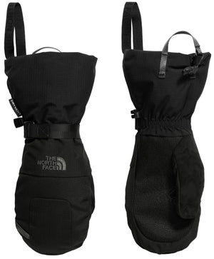 A pair of black, insulated winter mittens shown from both the back and palm sides, featuring adjustable wrist straps, extended cuffs with pull tabs, and visible branding on the back of the hand.