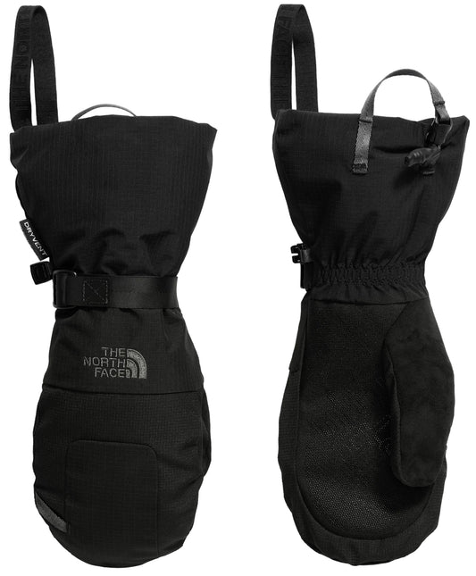 A pair of black, insulated winter mittens shown from both the back and palm sides, featuring adjustable wrist straps, extended cuffs with pull tabs, and visible branding on the back of the hand.