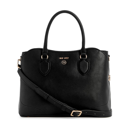 Black satchel with top handles and shoulder strap.