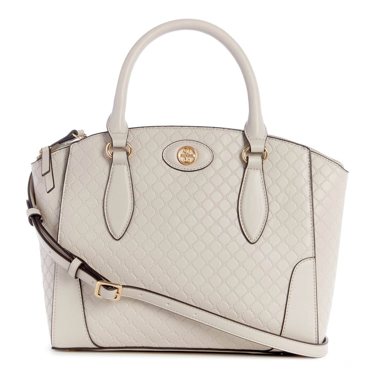 White textured satchel handbag with handles and shoulder strap.