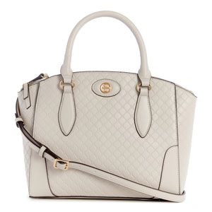 White textured satchel handbag with handles and shoulder strap.
