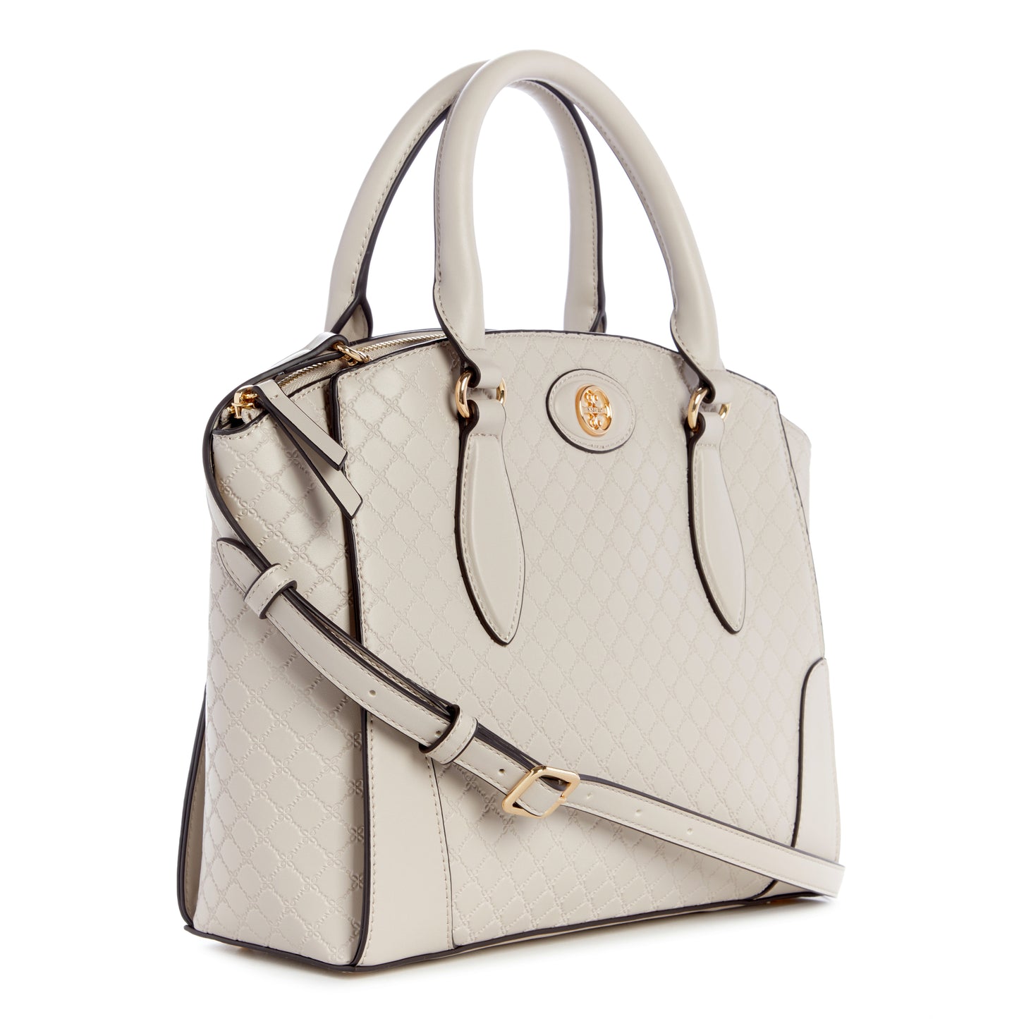 White dome satchel bag with adjustable shoulder strap and top handles.
