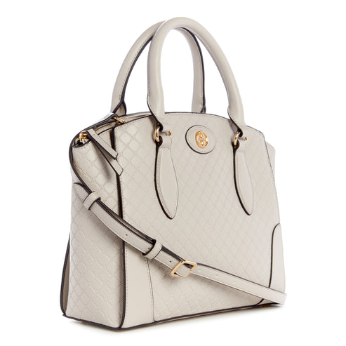 White dome satchel bag with adjustable shoulder strap and top handles.