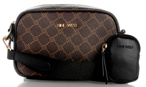 Brown and black cross-body bag with a small zippered coin purse and the text "NINE WEST".