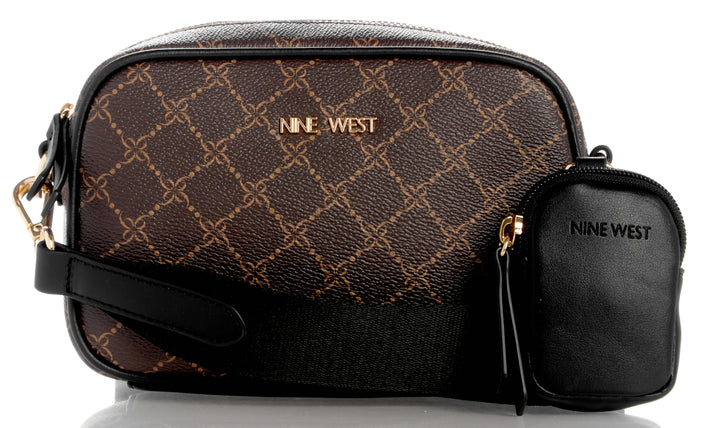 Brown and black cross-body bag with a small zippered coin purse and the text "NINE WEST".