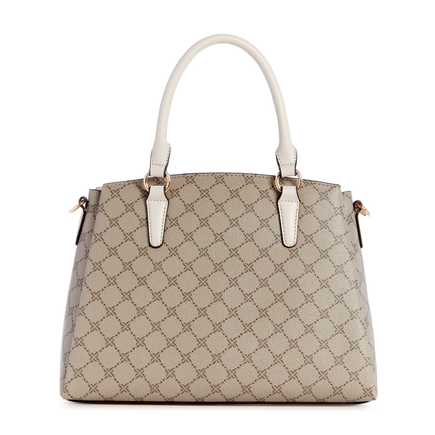 A beige patterned satchel-style purse with short white handles.