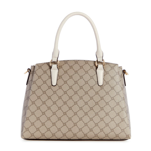A beige patterned satchel-style purse with short white handles.