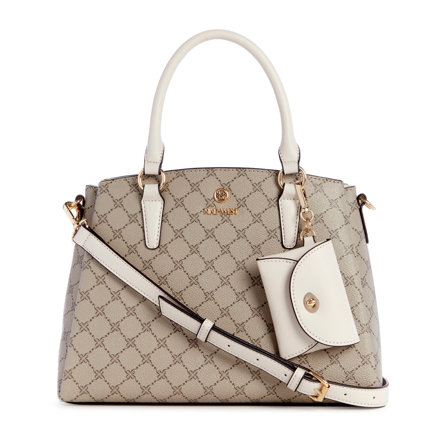 Satchel-style bag with an all-over geometric pattern, white handles and a detachable white coin purse.