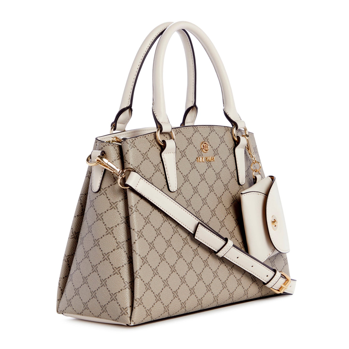 Satchel purse with gray lattice design, white handles, removable shoulder strap, and small coin purse charm.