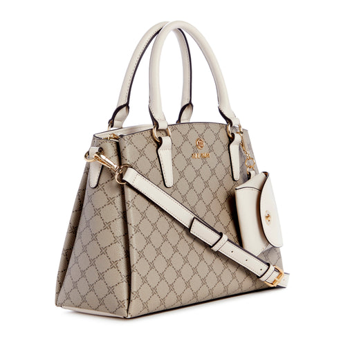 Satchel purse with gray lattice design, white handles, removable shoulder strap, and small coin purse charm.