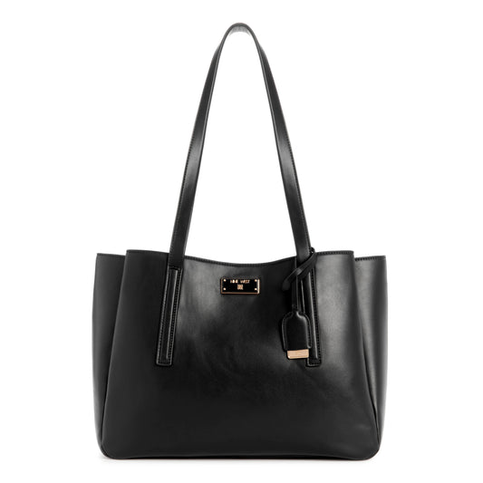 Black tote bag with long straps and gold logo.