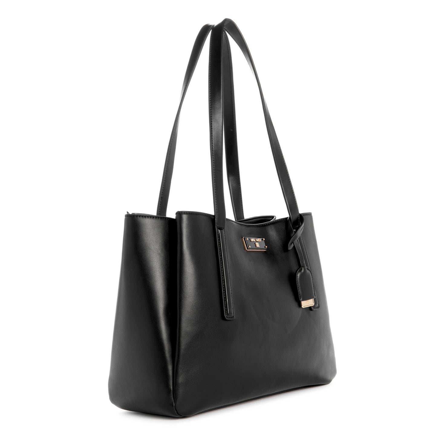 Black tote bag with long straps and a gold emblem.