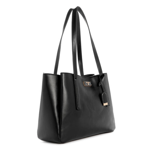 Black tote bag with long straps and a gold emblem.