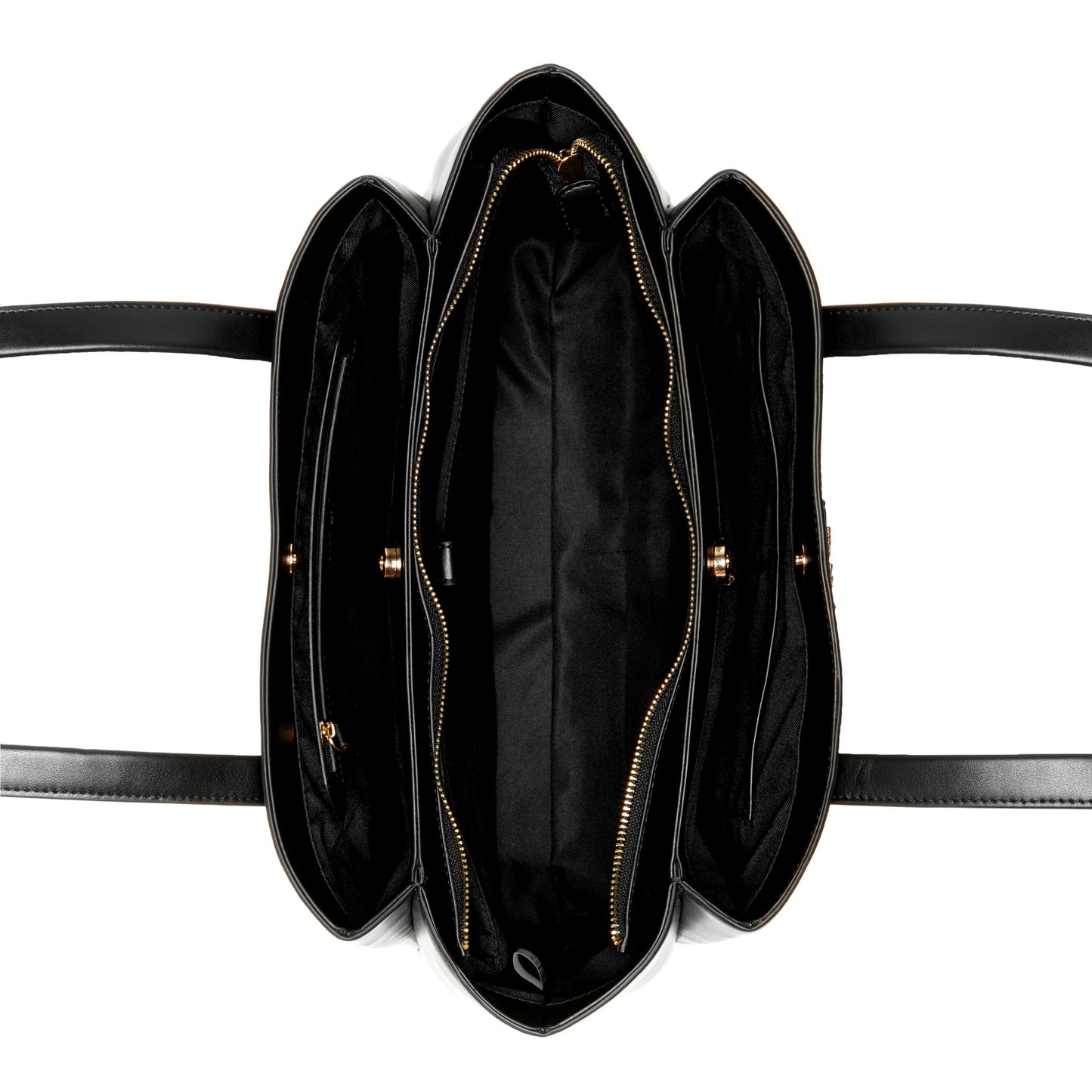 An overhead view of a black and white satchel bag with three zipper compartments.
