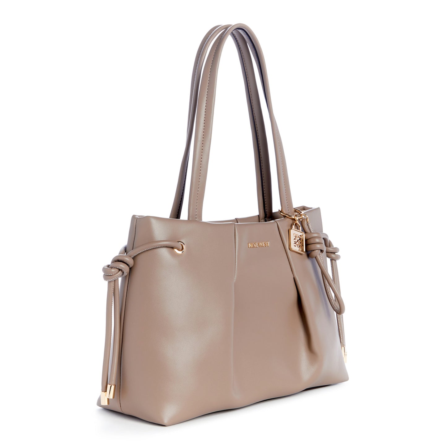Taupe tote bag with tie details and handles.