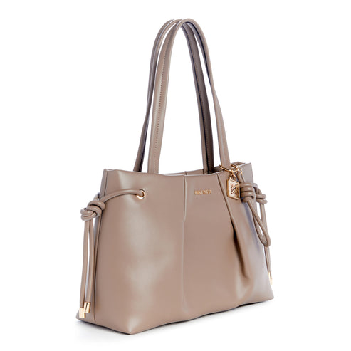 Taupe tote bag with tie details and handles.
