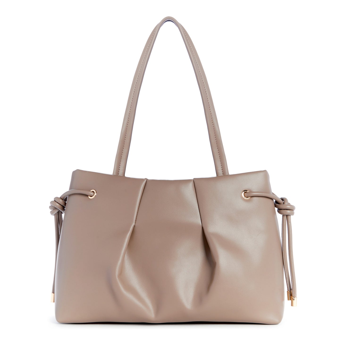 Taupe tote bag with shoulder straps and cinched sides.