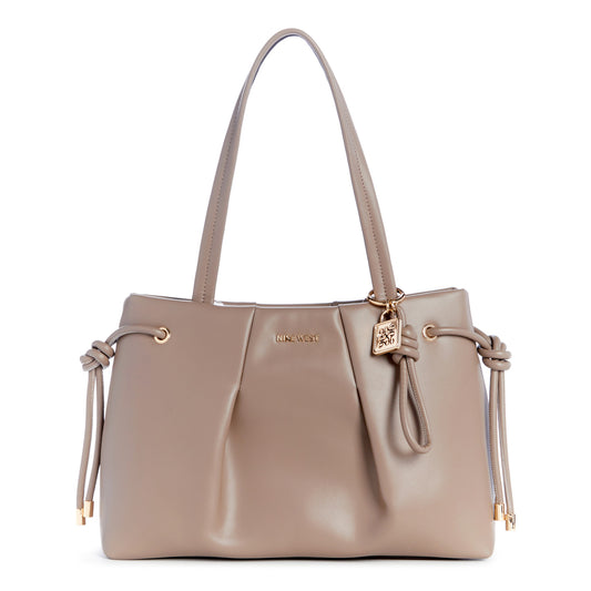 Taupe tote bag with drawstring sides and gold hardware, featuring a hanging lock charm with the text "Nine West".