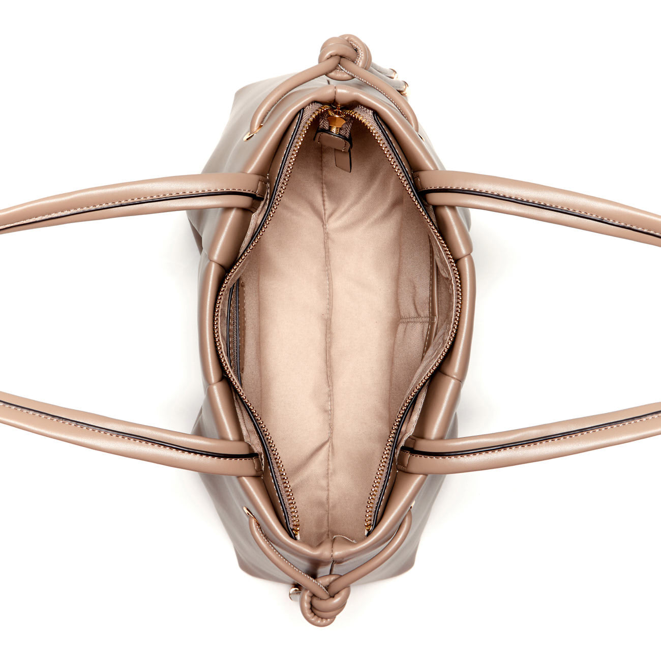 Open beige tote bag with visible zipper and interior.