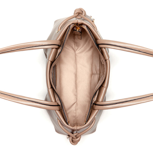 Open beige tote bag with visible zipper and interior.