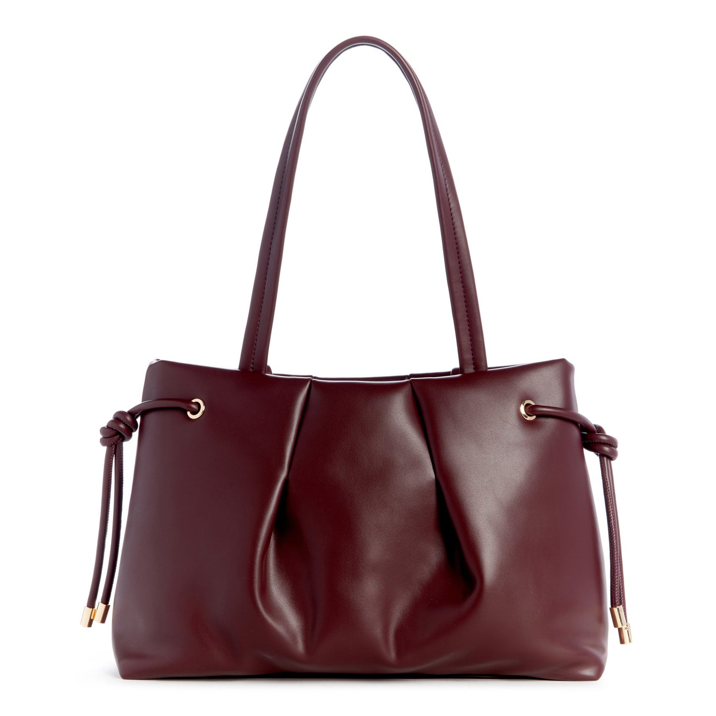A burgundy faux leather tote bag with handles and knot details on the sides.