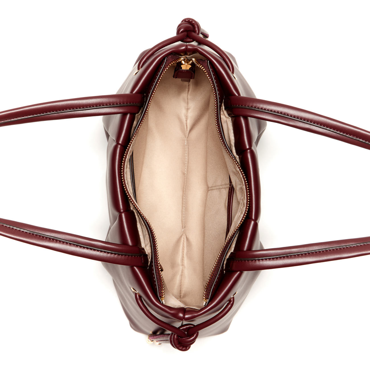Burgundy leather tote bag with tan interior, zipper closure, and knotted drawstring detail.