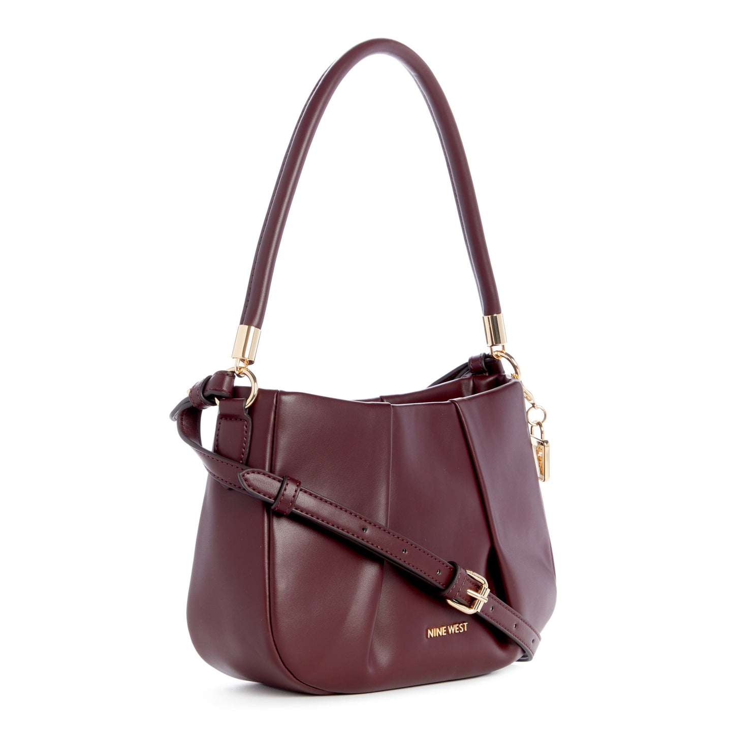 Burgundy shoulder bag with adjustable strap and 'Nine West' logo.