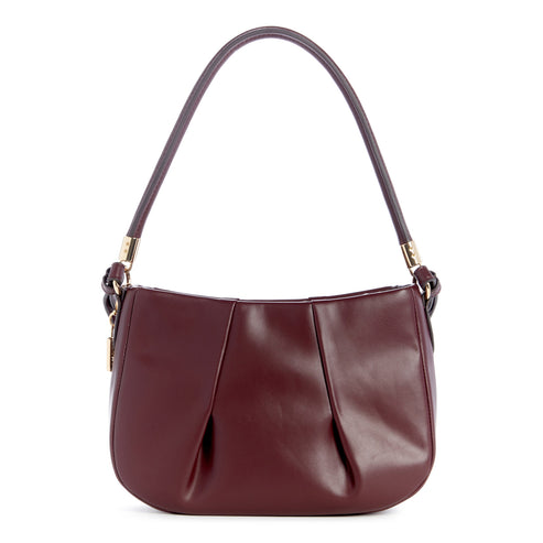 Burgundy purse with shoulder strap.