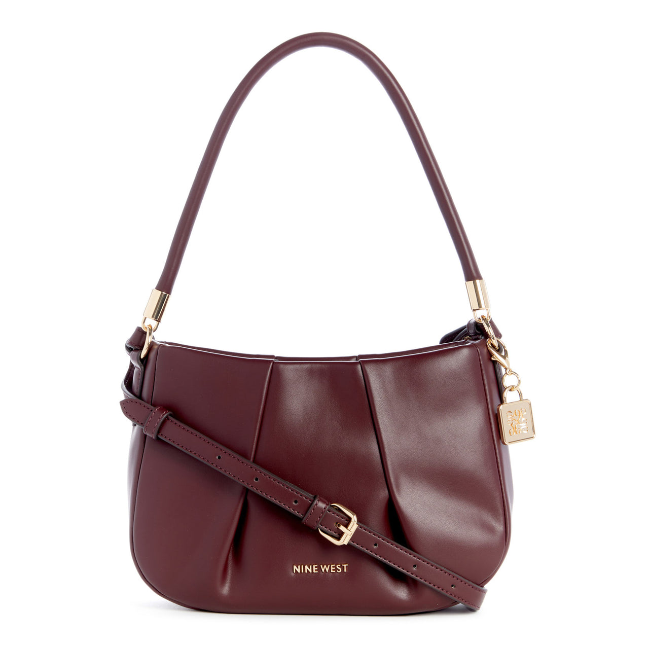 Burgundy purse with shoulder strap, crossbody strap, and gold hardware. "NINE WEST" visible on the purse.