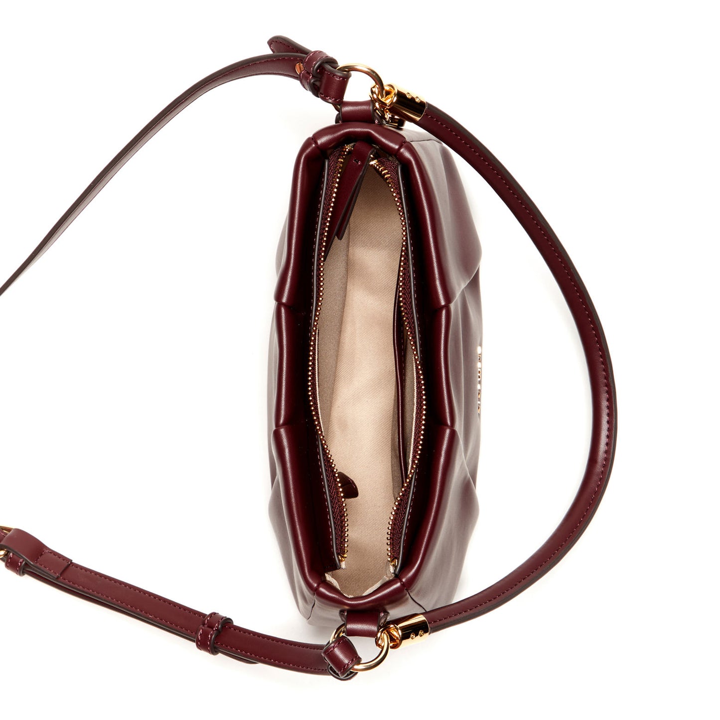 Burgundy padded handbag with a zipper, and a thin shoulder strap.