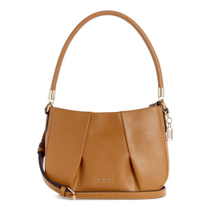Caramel handbag with top handle and optional shoulder strap, with logo in the center.