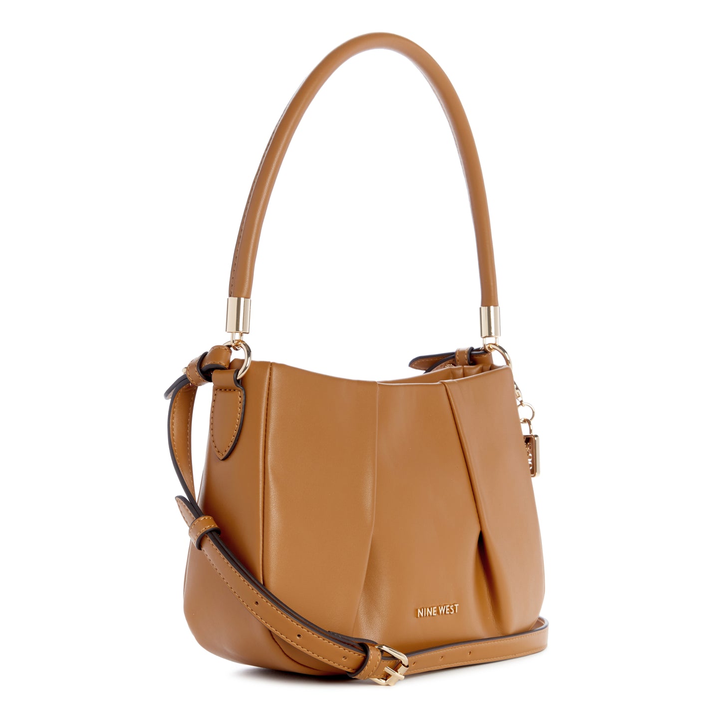 Tan handbag with a top handle and an adjustable shoulder strap, showcasing pleating and a gold logo.