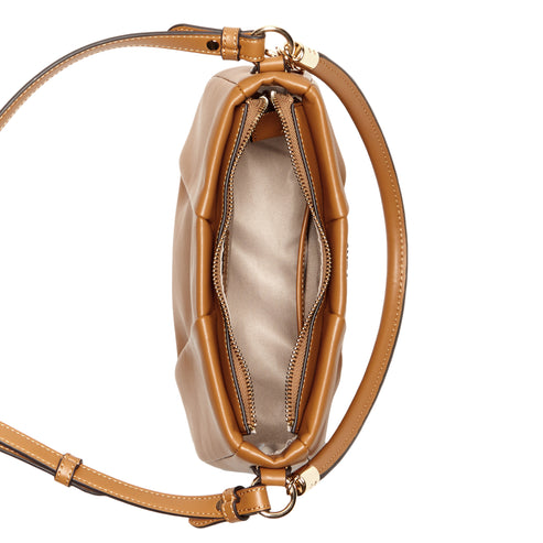 Tan leather purse with zippers and shoulder strap. The purse is open.