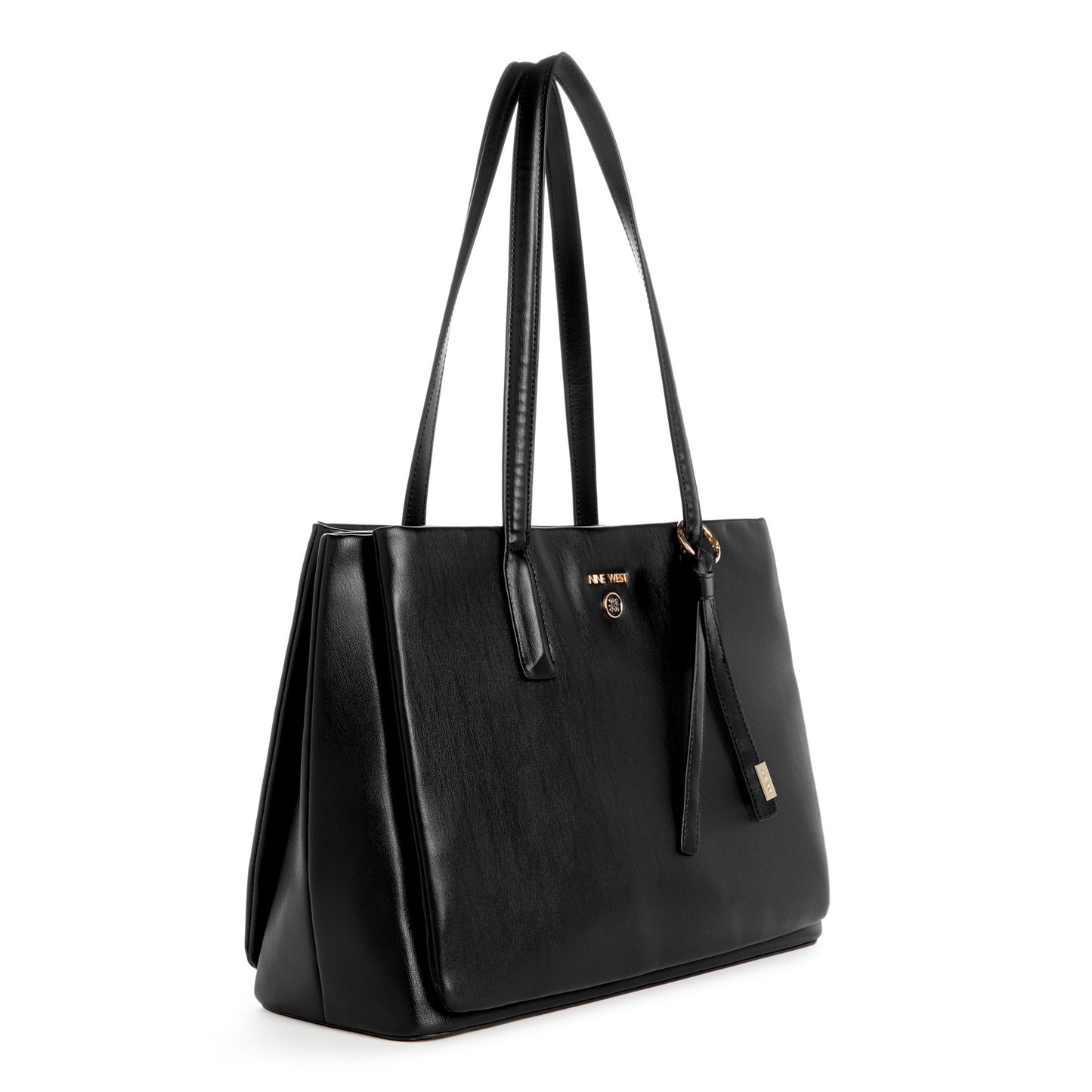Black tote bag with long shoulder straps and a small logo on the front.