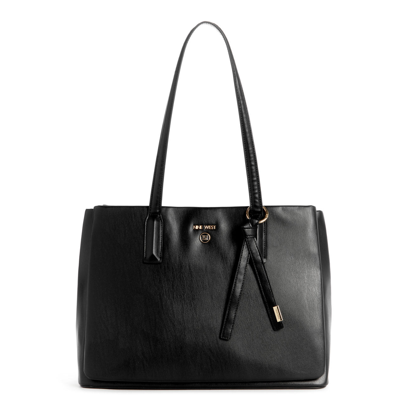 Black tote bag with long shoulder straps and brand logo.