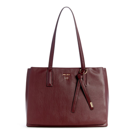 Maroon tote bag with shoulder straps and decorative knot