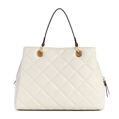 White quilted tote bag with black handles.