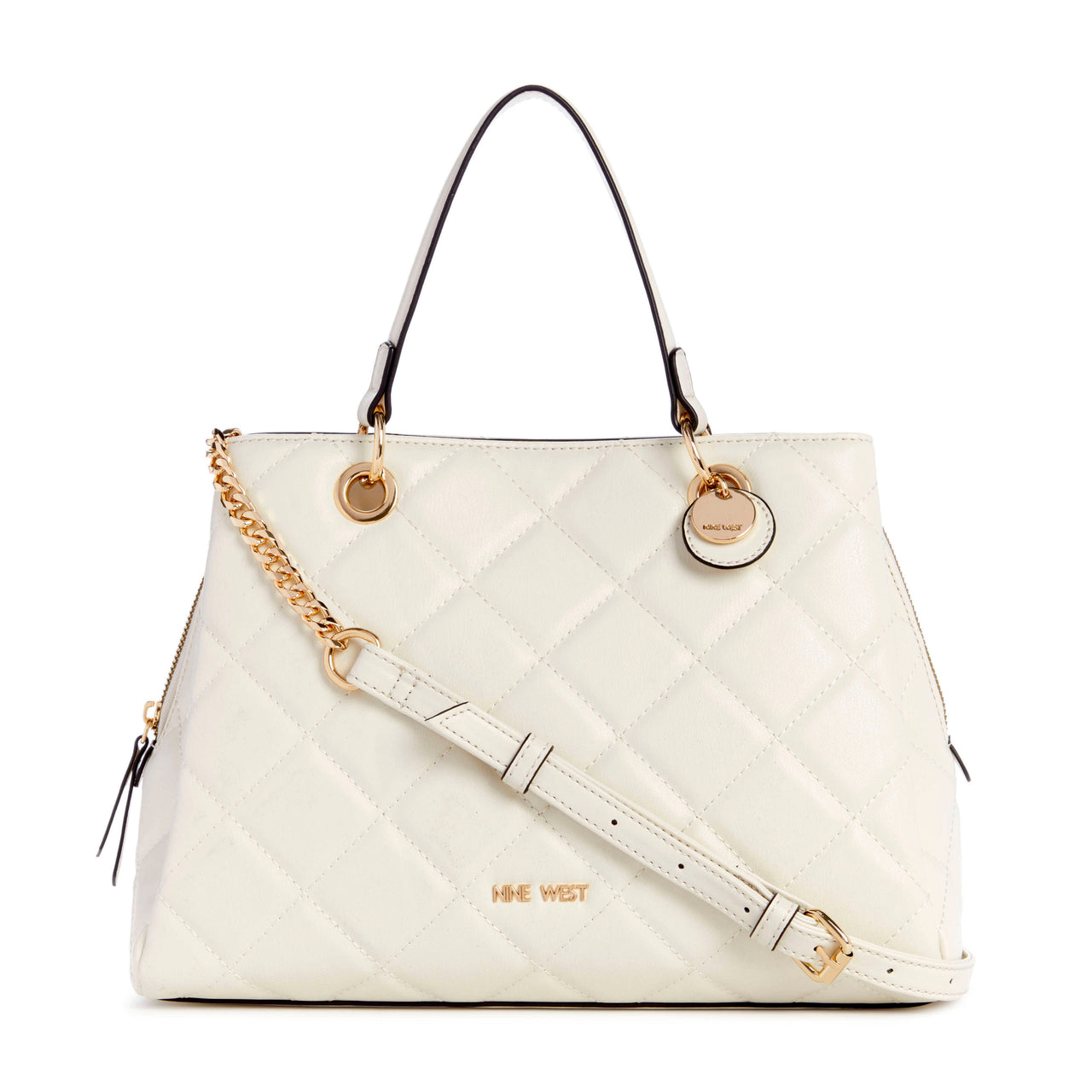 A white quilted handbag with two black handles, a gold chain, and a white adjustable shoulder strap. The text “NINE WEST” is visible.