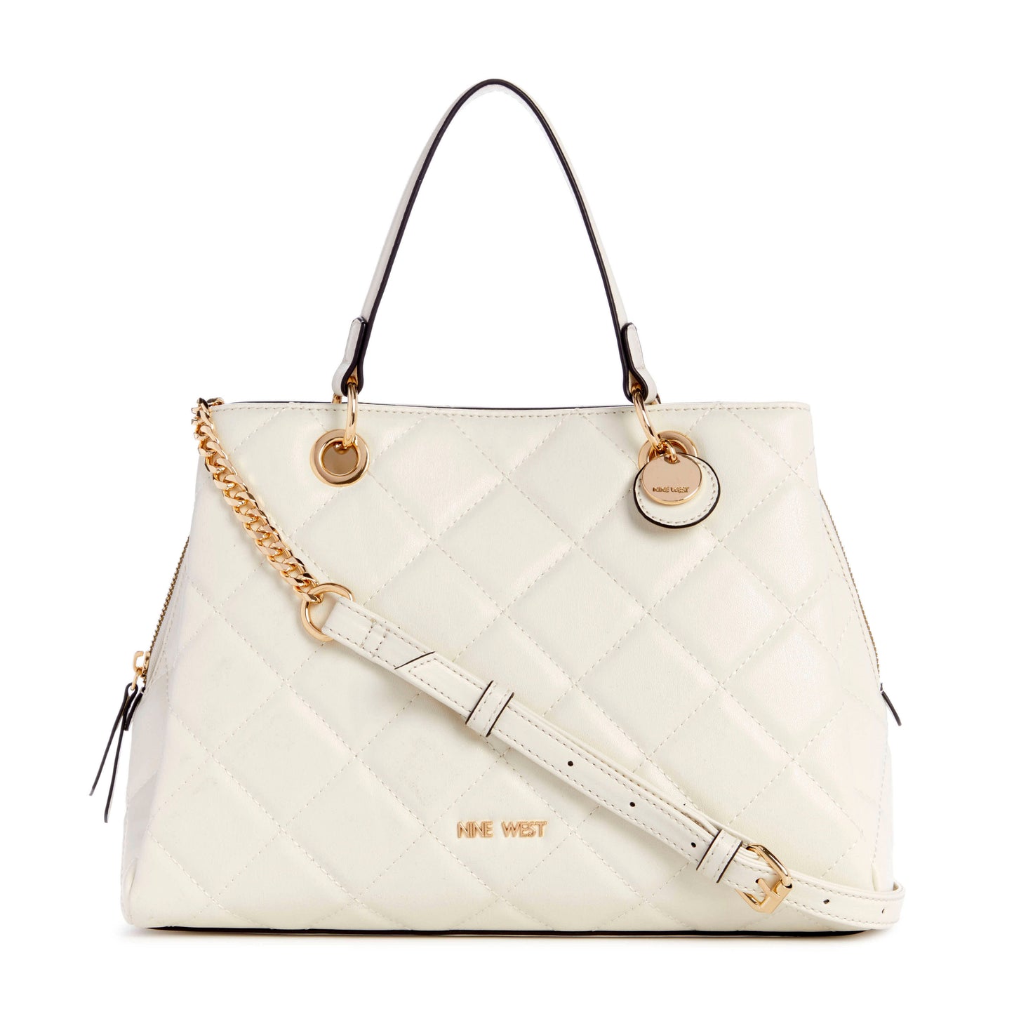 A white quilted handbag with two black handles, a gold chain, and a white adjustable shoulder strap. The text “NINE WEST” is visible.
