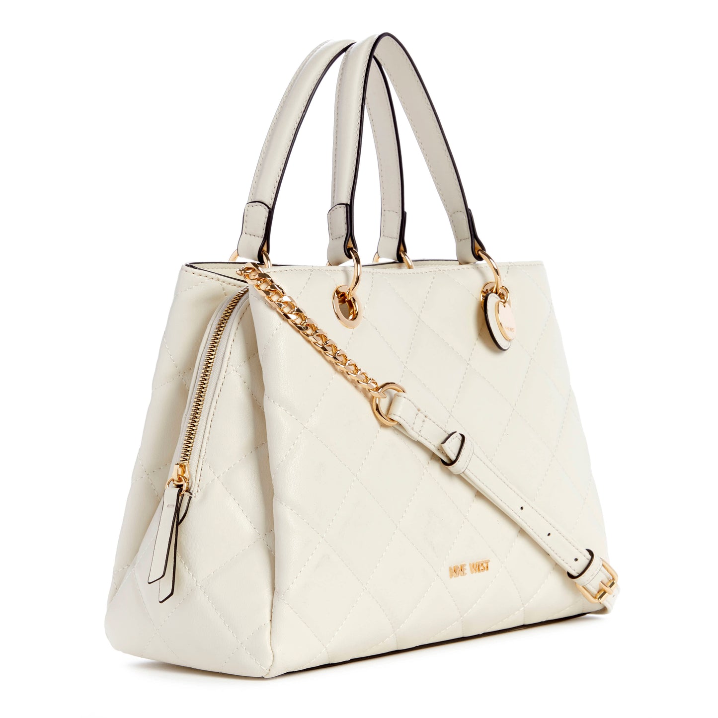 Off-white quilted satchel bag with gold-tone accents, top handles, and detachable shoulder strap, displaying the word 'NINE WEST'.