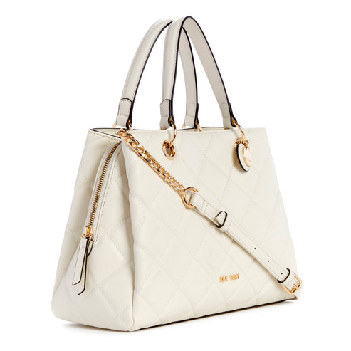 Off-white quilted satchel bag with gold-tone accents, top handles, and detachable shoulder strap, displaying the word 'NINE WEST'.