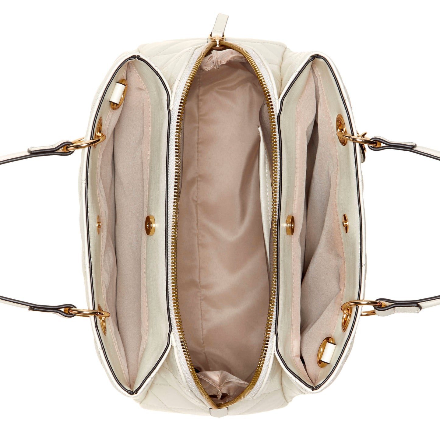 Open white quilted handbag with two interior compartments and two shoulder straps.