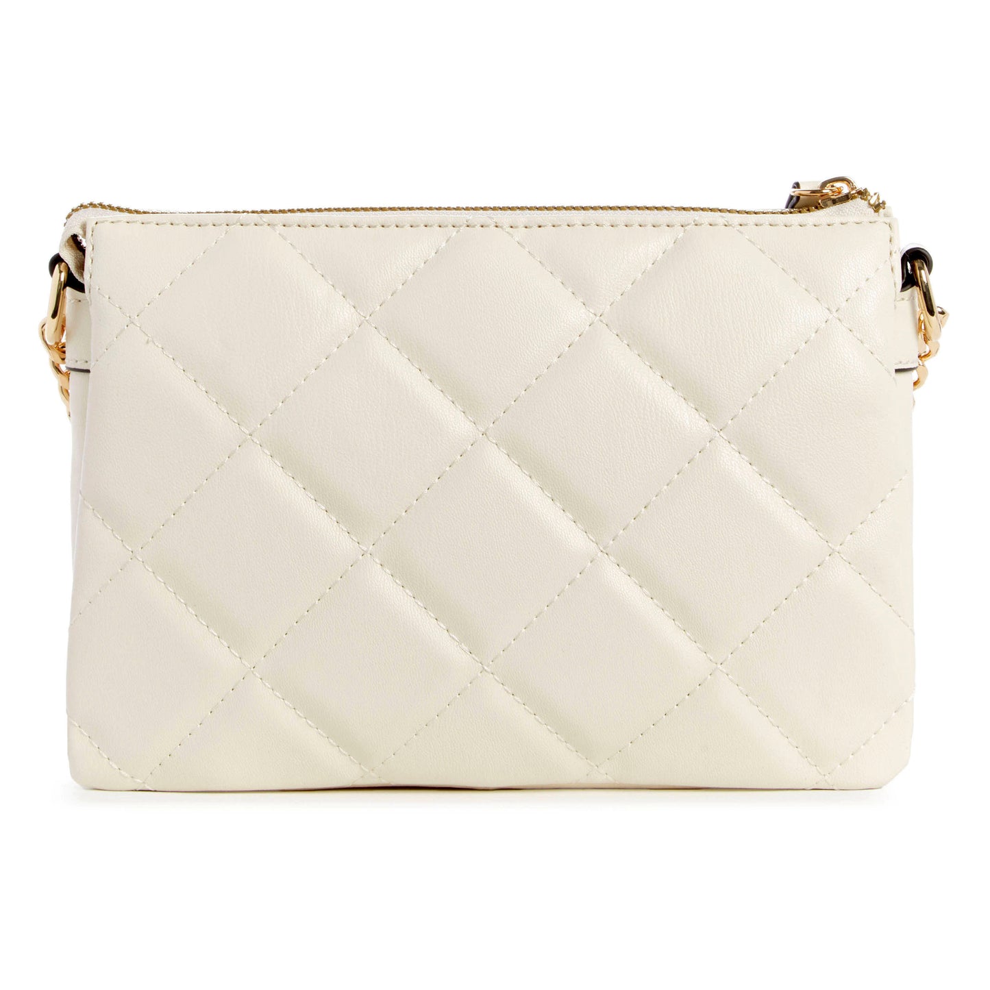 Close-up of a small, quilted, off-white purse with a gold zipper and chain strap.