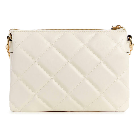 Close-up of a small, quilted, off-white purse with a gold zipper and chain strap.