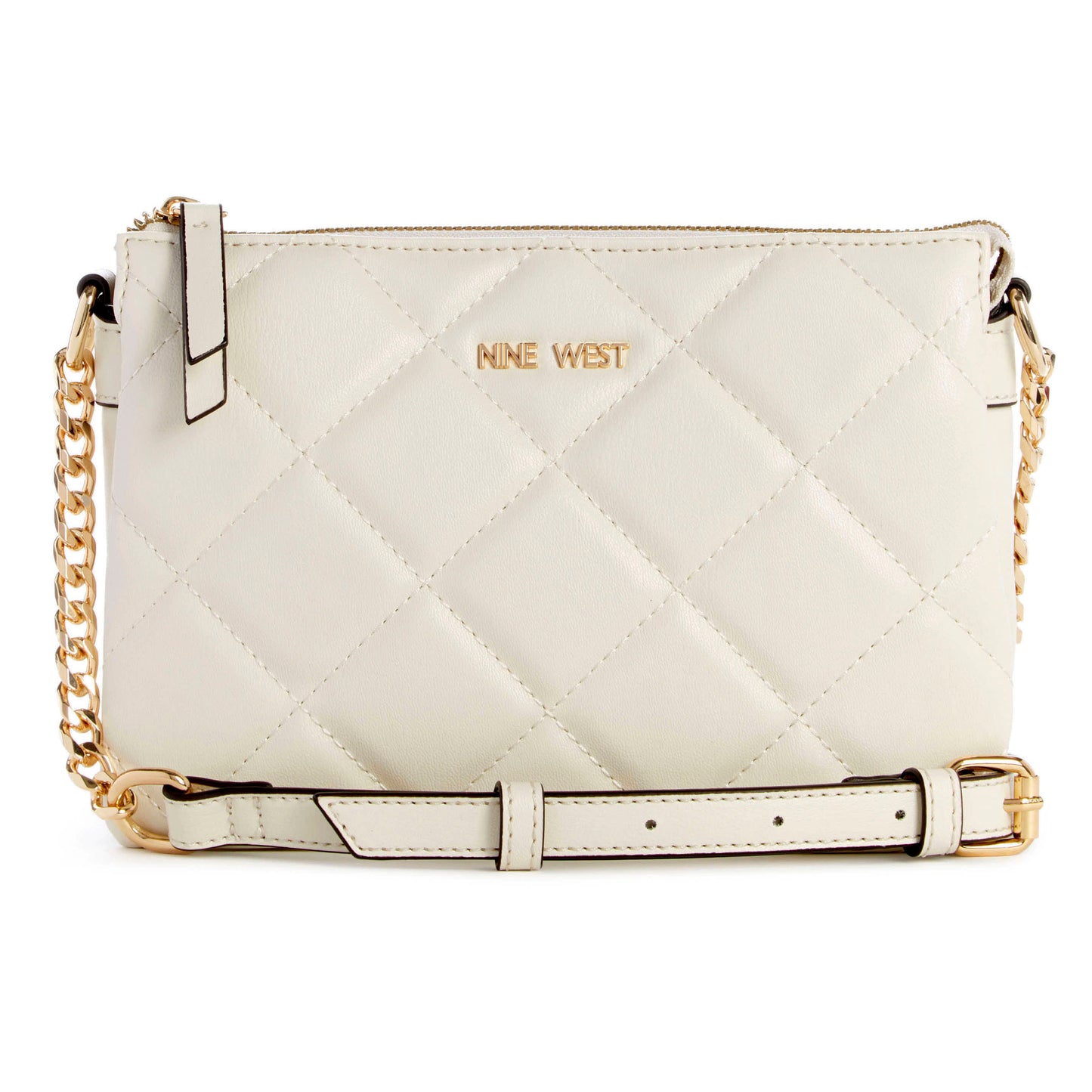 White quilted crossbody bag with gold chain and adjustable strap, featuring 'NINE WEST' in gold letters.